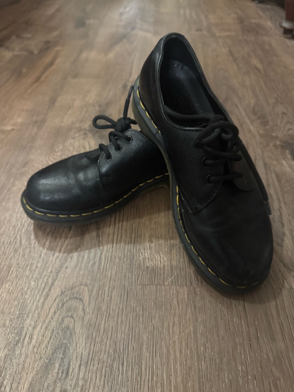 Dr. Martens Black Leather Lace-Up Flats with Yellow Stitching - Size 37
